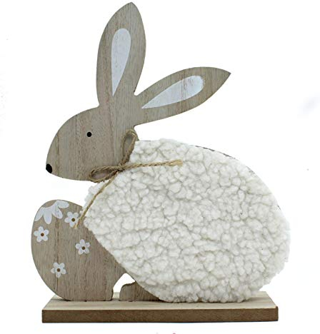 DARO DEKO Holz Hase mit weißem Fell und Osterei 19 x 23cm 1 Stück