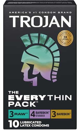 Trojan The Everythin Pack, Assorted Latex Lubricated Thin Condoms Variety Pack, Raw, Bareskin, Bareskin Studded, Premium Latex to Help Reduce Risk of Pregnancy and STIs, 10 Count
