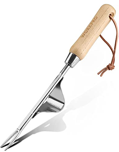 WORKPRO Weed Puller Tool, Metal Leverage Base and V-Shaped Forks for Easy Weed Removal & Deeper Root Digging, Heavy Duty Stainless Steel with Wood Handle, Manual Hand Weeder for Gardening