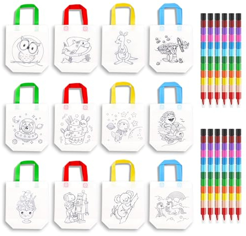 JurciCat 12 Stück Stoffbeutel zum Bemalen für Kinder und 12 Stück Stapelbare Wachsmalstifte (12 Farben in 1) für Mitgebsel kindergeburtstag Gastgeschenke Bastelset Kindergeburtstag