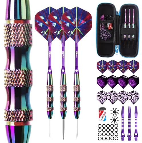 CyeeLife Dartpfeile mit Metallspitze 22 Gramm,3 Stück Profi Steeldarts,6 Aluminium Schaft,12 Flights,20 Anti-Lose Gummiringe,1 Sharpener,1 Dart Case,Steel Darts Set