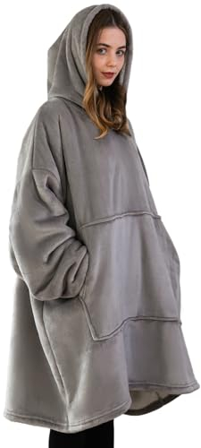Good Nite Decke mit Ärmeln für Frauen und Männer Sherpa kuscheldecke Tragbare Decken Adult Cosy Sweater Tragbare Warm Decken Übergroßer hoodie mit Taschen Grau （80x85cm）