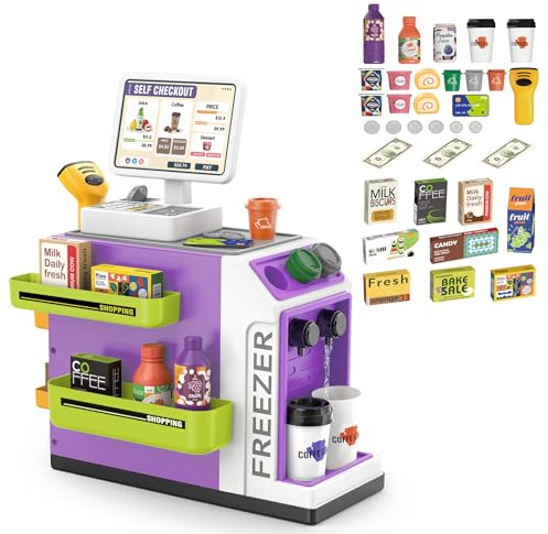 deAO 2 in 1 Supermarkt und Kaffeemaschine Kinder mit Kasse mit Scanner und Sound & Licht, Drücken, um Wasser Auszugeben, 45PCS Kaufladen Zubehör, Spielgeld Kinder ab 3+