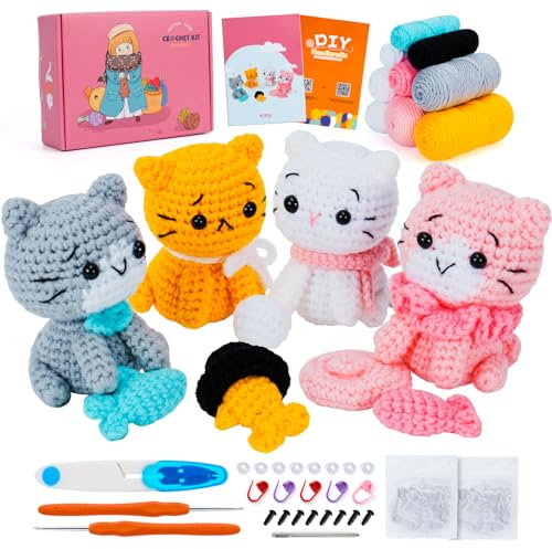 Häkelset für Anfänger, Katzenhäkeltier-Kits, komplettes Tierhäkeln mit Schritt-für-Schritt-Video-Tutorials, Häkel-Strickset, Kätzchen, gehäkeltes Starter-Set, Anfänger (Häkelkatze)