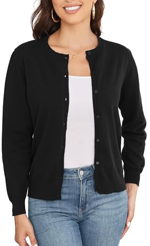 BERESIA Chaqueta De Punto Clásica para Mujer con Cuello Redondo, Botones Y Mangas Largas, Suéter De Punto Suave, Negro, L