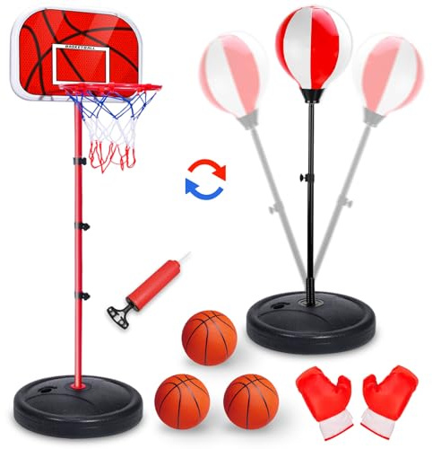 2 in 1 Adjustable Kids Basketball Hoop and Punching Bag with Stand for Kids, Toys Gifts for Boys Age 3 4 5 6 7 8 9 10+, Toddler Basketball Hoop and Boxing Bag Set Toy for Outdoor Indoor Sports Games