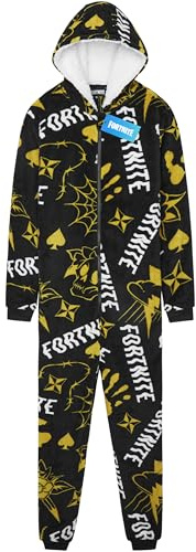 Get Trend Fortnite Grenouillere Adolescent Garcon Combinaison Enfant Pyjama Combinaison Polaire avec Capuche Idée Cadeau Gamer (14-15 Ans, Noir/Jaune Fortnite)