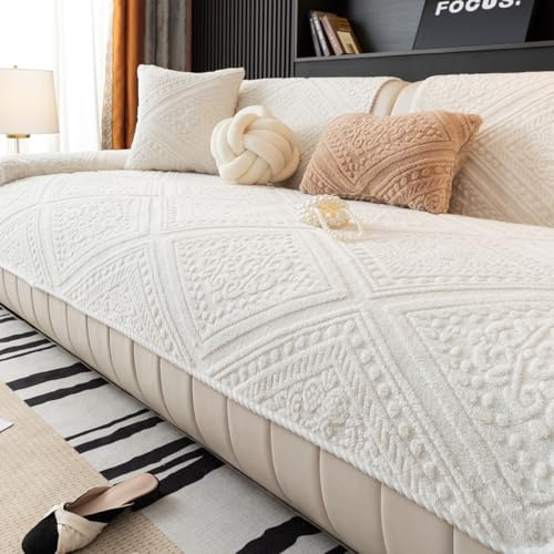 MDSASFD Boho Couch Cover Non Slip Sofa Cover Washable for Dogs, Sectional Couch Covers Soft, Plush Sofa Slipcover Furniture Protector Covers for L Shaped(Beige White, 36x 94)