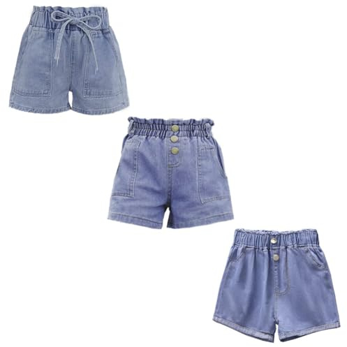 FedMois Girls Jean Shorts Casual Summer Short, Pack of 3, Drawstring, Three Buttons and Two Buttons, 7-8 Years