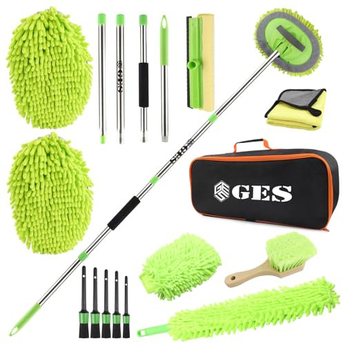 GES 62 Car Wash Mop with Telescoping Long Handle, Car Wash Brush with Rubber Squeegee, 3 in 1 Chenille Microfiber Cleaning Kit with Storage Bag for Washing Car Rv Suv Truck and Houshold. (Green)