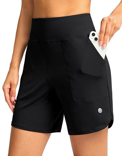 G Gradual Women's Athletic Shorts 6 High Waisted Stretchy Bermuda Shorts for Women Quick Dry Summer Casual Shorts(Black,L)