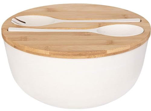 GEHE Salad Bowl with Servers Set - Large 9.8 inches Mixing Bowls Solid Bamboo Salad Wooden Bowl with Bamboo Lid Spoon for Fruits,Salads and Decoration (White, A)