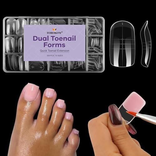 TOROKOM 300 Stück Poly Gel Nagelformen für Zehen, 15 Größen Ovale Quadrat-Dualformen für Poly-Gel Pediküre Nagelverlängerung, Wiederverwendbare Zehennagel-Sets für Salon & DIY Zuhause