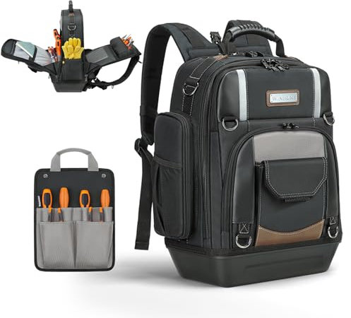 WINHUNT Tool Backpack for Men, Heavy Duty Tool Bag Backpack with Waterproof Molded Base, Multiple Pockets tool rucksack, 36 x 22 x 20.5 cm, Tool Storage Organizer Bag for Electrician, Black