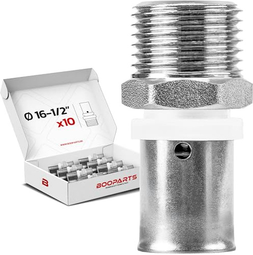 BOOPARTS – 10 st – Pressmuff med utvändig gänga Ø16 mm – 1/2 (12–17 mm) | Multilager rak koppling TH-profil | Professionellt VVS-set i mässing