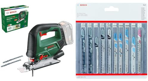 Bosch Akku-Stichsäge AdvancedSaw 18V-140 (3 × Sägeblätter, 18-Volt-System, ohne Akku und Ladegerät, im Karton) + Accessories 10tlg. Stichsägenblätter Set (für Holz und Metall, Zubehör)