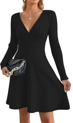 AUSELILY Jumper Dress for Women UK Autumn Winter Sexy V Neck Lightweight Flowy Elegant Ladies Dresses Knitted Long Sleeve Knee Length Wrap Dress for Wedding Party Black XL