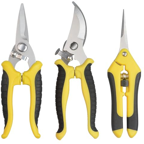 Set di 3 cesoie da giardino professionali, in acciaio inox per rose, rami, siepi, frutta, verdura, bonsai, attrezzi da giardinaggio (giallo)