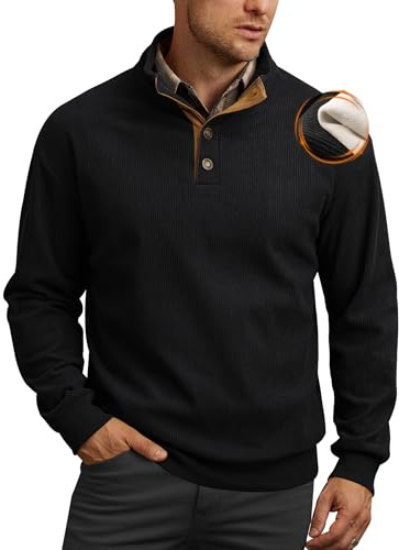 VOGSTART Men's Outdoor Hiking Clothing Elbow Patches Shirts Stand Up Collar Quarter Button 1/4 Button Casual Heavyweight Big Tall Pullover Black 3XL