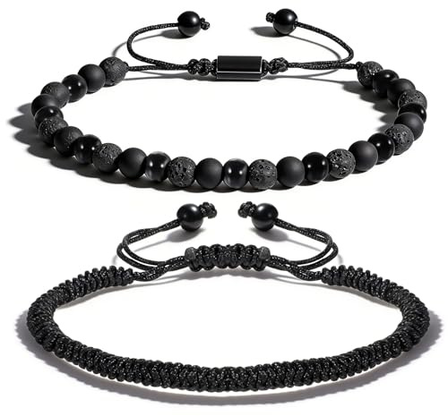 TIESOME Mens Bracelets Beads, Natural Stone 8mm 8MM Black Onyx Obsidian Lava Stone Beads-Handmade for Men Teen Birthday Anniversary Father's Day Gifts