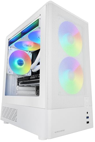 Mars Gaming MC-ONYX, Caja Gaming MicroATX, Frontal Mesh Metálico, Ventana Lateral Cristal Templado, 3x Ventiladores ARGB FDB, Estructura Doble Cámara, Soporte Refrigeración Líquida hasta 240mm, Blanco