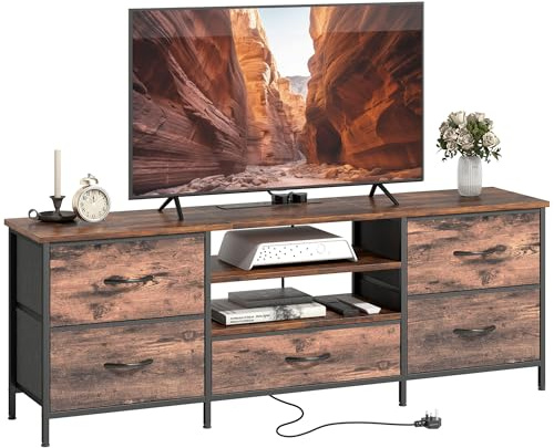 HOMCOM TV Stand for Television up to 65 Inch, Industrial TV Unit with Charging Station, 5 Drawers and Open Shelves, Entertainment Center for Living Room, Rustic Brown