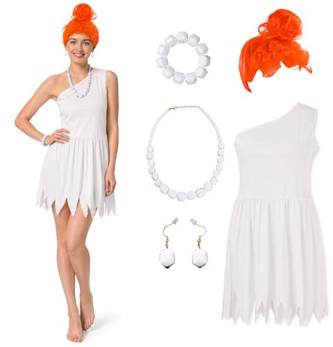 5PCS Halloween Caveman Costume for Adults Women White Fancy Dress Wig Set | Cavewoman Cosplay Outfits, One Shoulder Dress, Orange Wig, Necklace, Earrings & Bracelet Accessories, Irregular Hem, Stretchy