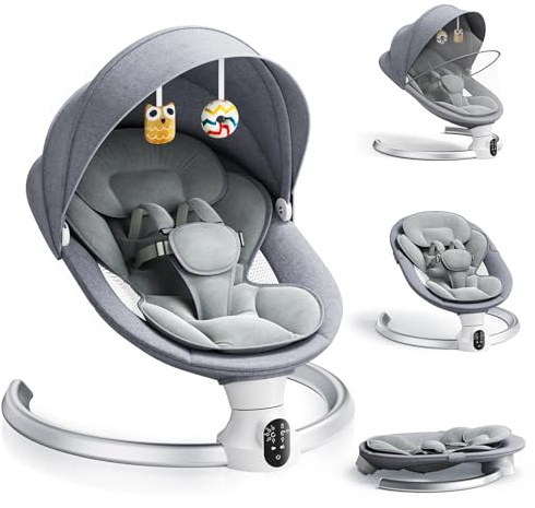 Baby Swing, Electric Infant Swing with APP & Remote Control, 3 Timers & 5 Speed Adjustable, 5-Point Safety Harness, Cushion Machine Washable, Bluetooth Music, Portable Baby Bouncer (Light Gray)