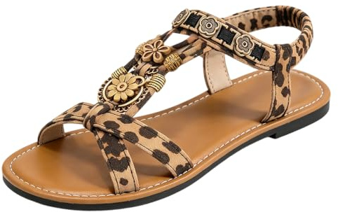 Platta gladiatorsandaler för kvinnor bohemiska leopardtryck blomdekor elastisk slingback fuskmocka öppen tå halkfri mjuk sula lätta sommarskor för strand semester festival promenader utomhus vardaglig