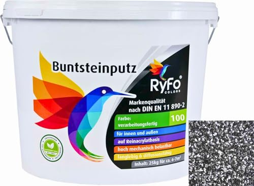 RyFo Colors Buntsteinputz Classic Line 100 schwarz/grau/weiß 25kg - weitere Farbtöne und Größen wählbar, Fertigputz für innen und außen, Sockelputz, Mosaikputz