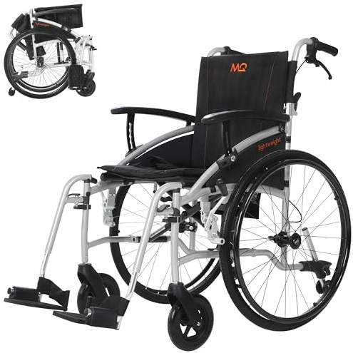 MobiQuip Lightweight Wheelchair - Self-Propelled - 13.75kg, 18 Seat | Folding Wheelchair, Silver Frame, Black Seat, Quick Release 24” Sports Style Wheels, Adjustable Armrests, Attendant Brakes