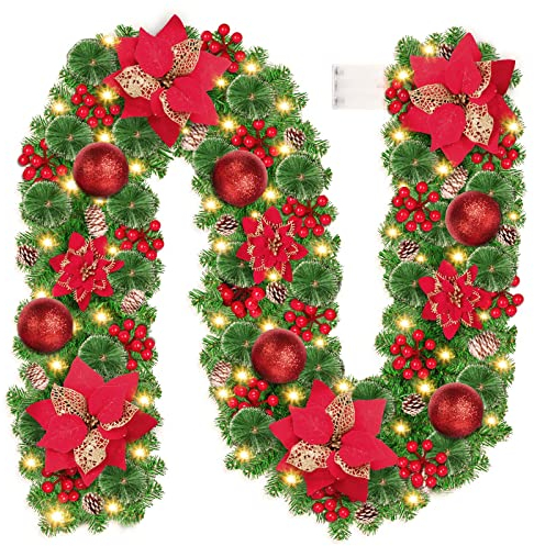 Weihnachtsgirlande mit Beleuchtung, KOOFIT 270cm 30 LED Beleuchtet Girlande Weihnachten Tannengirlande Künstlich Weihnachtsdeko Weihnachtskranz für Tür Kamine Treppen