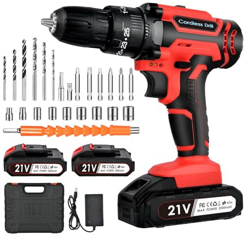 Cordless Drill Driver 21V: Powerful Set With 2 Batteries 2.0Ah, 25+3 Torque, 24PCS Bits, 2 Speed, LED Light for DIY Project - 42N.m Max Electric Screwdriver Kit