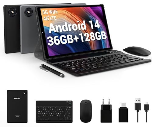 FASTWD Tablet 10 Pulgadas Android 14 Tableta con 4G LTE y 5G WiFi,36GB RAM+128GB ROM,FHD 1920 * 1200,8000mAh,13+8MP,GPS,Face ID,con Teclado + Ratón + Funda,Nero