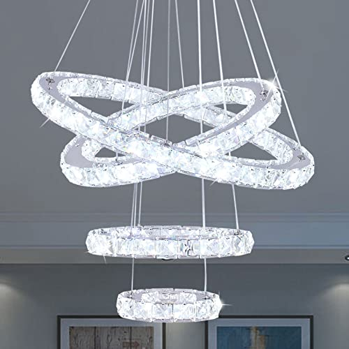 Finktonglan Lustre LED moderne en cristal – Suspension 4 anneaux réglables 20/30/40/50 cm, plafonnier élégant blanc froid 6000K pour salon, salle à manger, chambre