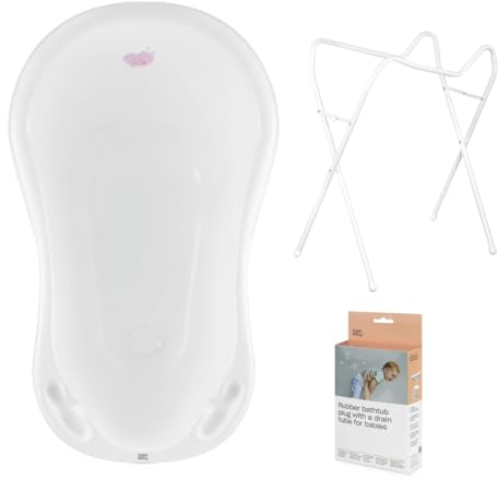 Hylat Baby Badewanne mit Gestell und Abfluss - TÜV Rheinland zertifiziert - ergonomisch und komfortabel für Neugeborene und Babys - Lite-Kollektion - Farbe: Weiß, Motiv: Hug Me