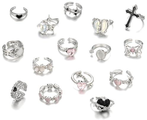 Hifot 15 st Y2k ringar dam silver justerbara, oregelbundna ringar sten måne droppe kristall ring hjärta fjäril kors sol och måne punk gåvor för kvinnor flickor ringset, Ajustable, Metall, Ingen
