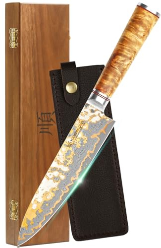 YOUSUNLONG Coltello da chef - Lama da 200mm in acciaio damasco giapponese lavorato a mano - Coltello per affettare affilato come un rasoio - Manico in legno di radica naturale con pelle