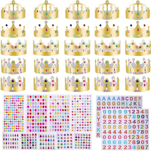 25 coronas de papel, sombreros de fiesta de papel dorado con 9 hojas de calcomanías de diamantes de imitación y 10 hojas de calcomanías de letras de número, corona de papel Goden, corona de rey y