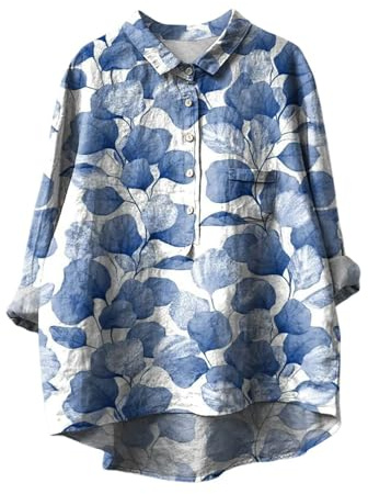 YCBMINGCAN Camisa informal de manga larga de algodón y lino con estampado floral y cuello de solapa para mujer Blusas de color sólido para mujer Elegante festivo, azul, XL