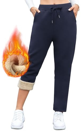 Vorvowry Fleece Lined Joggers Womens Fluffy Sherpa Trousers Warm Thermal Sweatpants Winter Thick Tracksuit Bottoms Drawstring Pockets for Ladies Running Fitness L Straight Leg Navy Blue