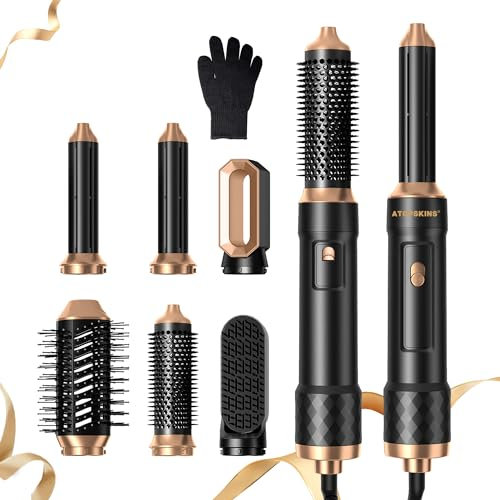 Airstyler Set 6 in 1 Warmluftbürste Set, 1000W Haarstyler Stylingbürsten Set mit Haartrockner, Rundbürstenföhn, Airflow Lockenstab Automatisch, Haarglätter Bürste,Warmluftbürste,Schwarz