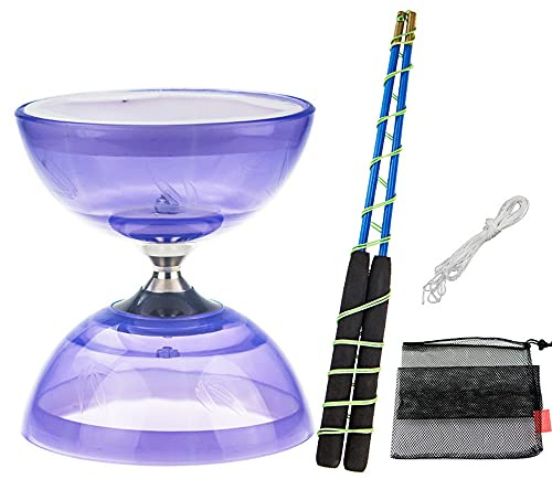 TopHomer Diabolo jongleringsset, med 3 kullager, för nybörjare och proffs, med reservsnöre (10 m, professionell stång, nätficka, violett, normal stil)