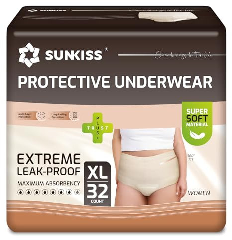 SUNKISS Pañales Adultos Mujer, Bragas Desechables Incontinencia y Postparto, Ropa Interior Absorbente Máxima Protección, Color Beige, Talla XL, 32 Unidades