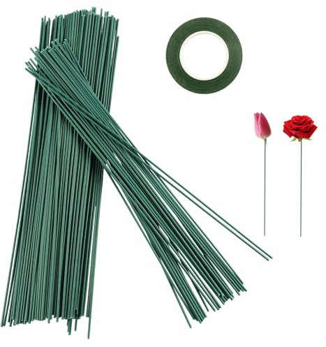 Luckwaii Blumendraht Stäbe Floristik Draht Grün, 150 Stück Blumenstamm Draht Grün Steckdraht Floristik, Grüner Draht 2mm Stiel Draht Blumen Draht 30cm Lang mit Floristenband für Bouquet Blumensträuße