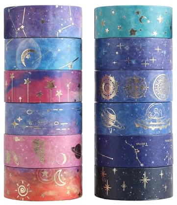 Gaaines Washi Tape Sets, Galaxy Purple Gold, 12 Rolls, 2m x 15mm x 0.1mm, DIY Crafts, Scrapbooking Supplies