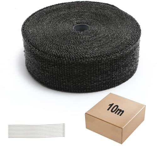 Jiubiaz 10m Hitzeschutzband, Abgasisolierung Band mit 10 Stahlzwingen,Selbstklebendes Wärmeschutzband für Auspuff, Motor & Haushalt