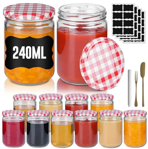 Suusolny 12 barattoli per conserve con coperchio a vite, per marmellata, miele, yogurt, barattoli rotondi con etichette, coltello da frutta e forchetta, 240 ml, con coperchio a quadri