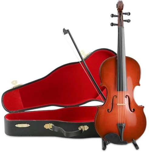 Modèle de violon miniature, Mini Violon en Bois, Miniature d'instrument de musique avec support à archet et étui noir pour décoration d'intérieur d'anniversaire
