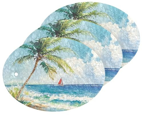 Summer Beach Palm Tree Absorbent Non Toxic Dish Sponge All-Purpose Dish sponges for Washing Dishes for Cleaning Kitchen Pans, Tableware, and Non Stick Cookware (3 Count)